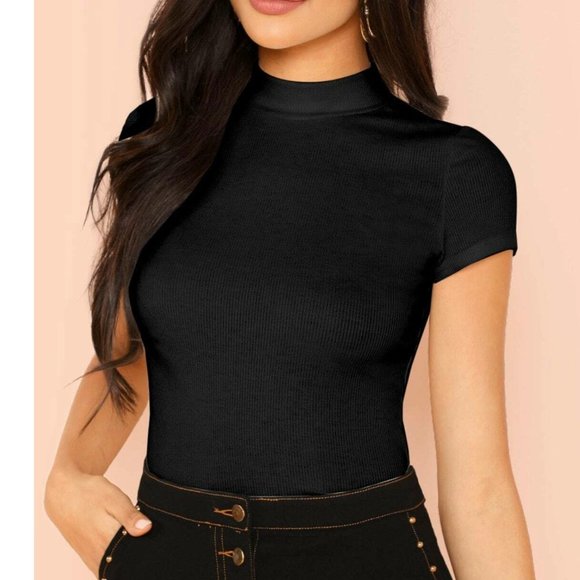 No Boundaries Tops - Black Mock Neck Ribbed Top T-Shirt Short Sleeve XS